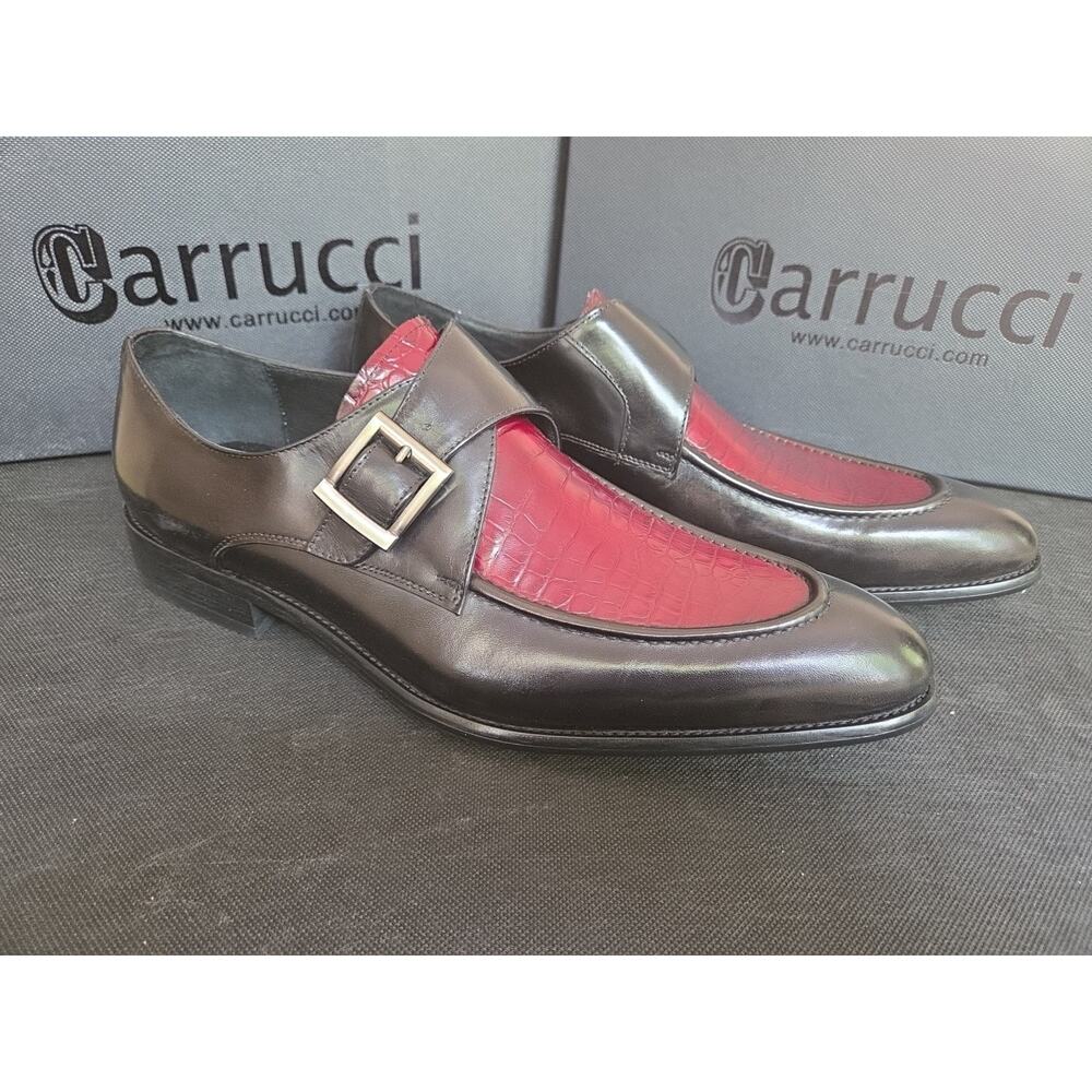 GARRUCCI Black / Burgundy Leather Crocodile Embossed Single Monk Dress Shoes 13D